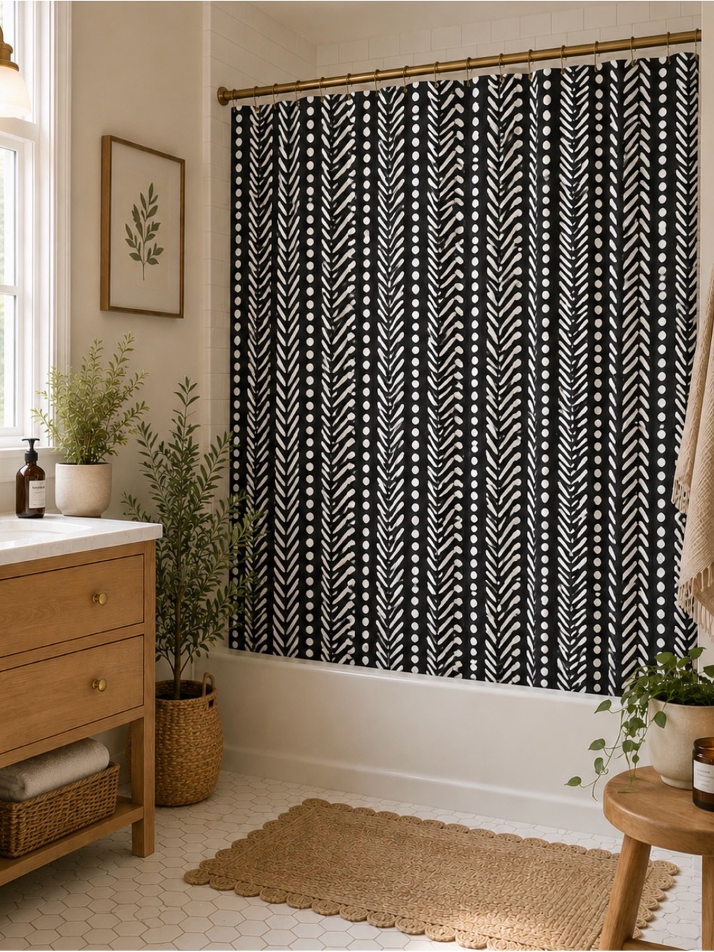 Black & White Herringbone Patterned Shower Curtain - Home Bath